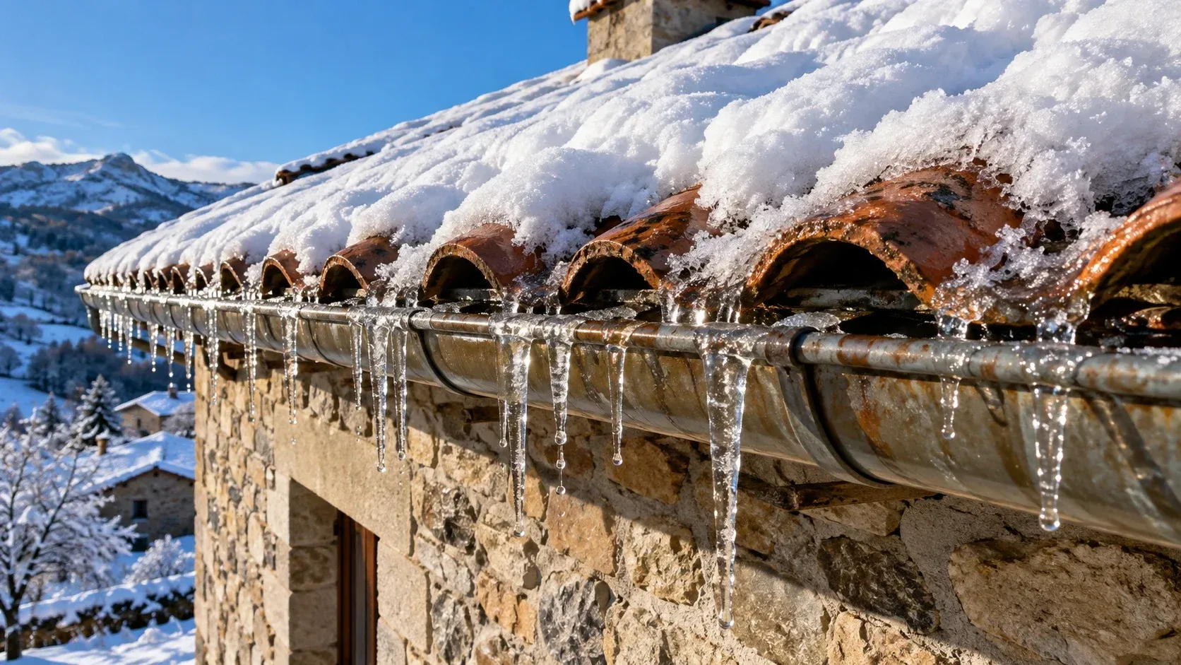 Alero de una casa de piedra con el tejado nevado y carámbanos de hielo colgando del canalón