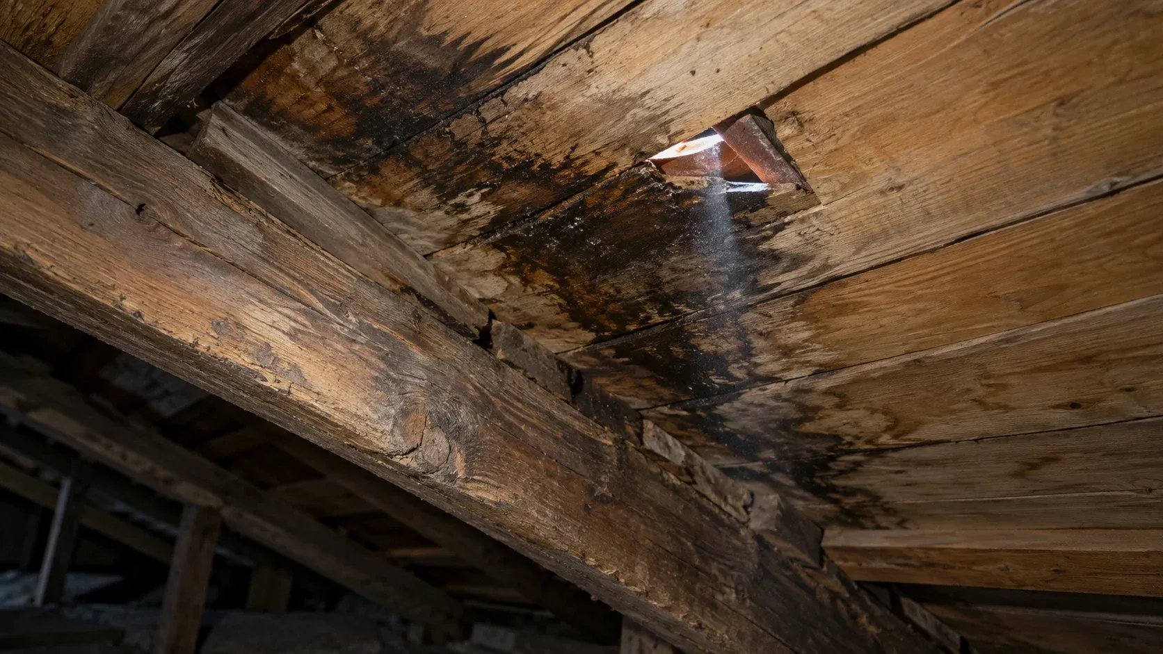 Desván con la madera del tejado manchada de humedad junto a una teja rota por la que entra luz