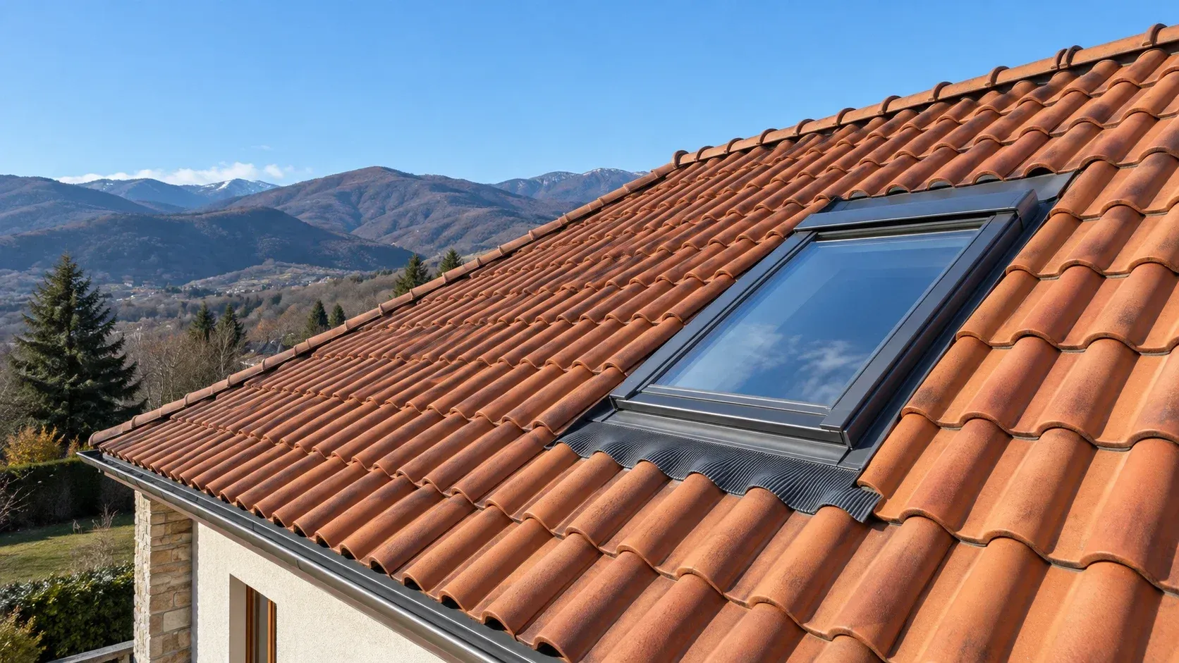 Ventana de tejado con su remate de estanqueidad en una cubierta de teja